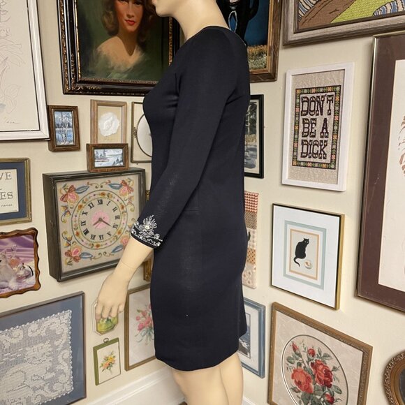 60s Vintage Black Stretch Knit Wiggle Dress with Beaded Cuffs and Neckline XL - Picture 4 of 5